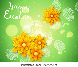 Easter background with flowers on green background.