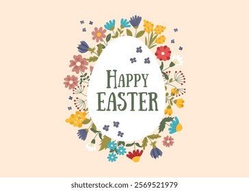 Easter background with flowers and shape of Easter egg in the middle. Vector banner in flat style.