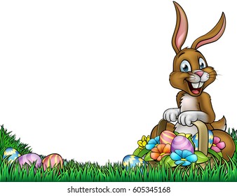 An Easter Background Frame Border Cartoon With A Bunny Holding A Basket Full Of Easter Eggs