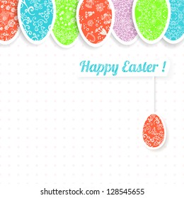 Easter background frame with colorful ornament eggs with place for your text. Vector illustration