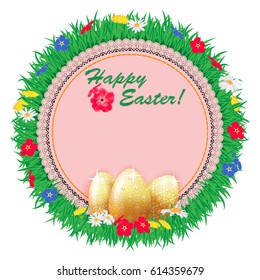 Easter background frame with embroidered napkin and golden eggs on a background of meadow grass with flowers of camomiles and dandelions. Vector illustration