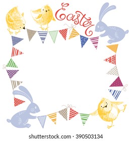 Easter background with garlands, chicks, Easter bunnies and place for text. Vector illustration.