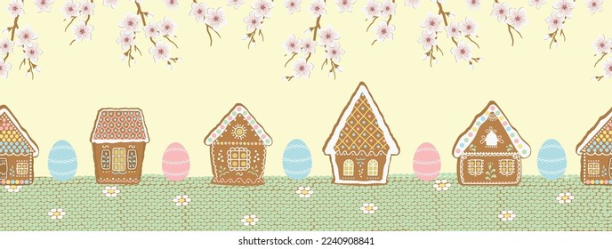 Easter background. Gingerbread village. Seamless border. Spring landscape. gingerbread houses, eggs, blooming branches trees on yellow background. Greeting card template. Vector illustration