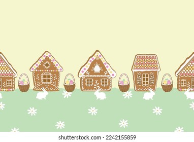 Easter background. Gingerbread village. Seamless border. Spring landscape. gingerbread houses, Easter egg baskets, Easter bunnies on yellow background. Greeting card template. Vector illustration