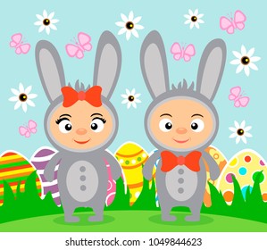 Easter background with girl and boy in costume rabbits.Vector illustration