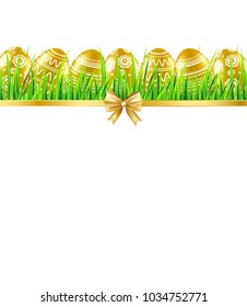 Easter background with gold eggs, grass and bow. Vector illustration.