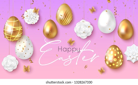 Easter background with gold and white eggs, paper spring flowers and confetti