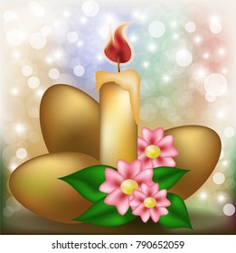 Easter background with golden eggs, flowers and candle vector illustration