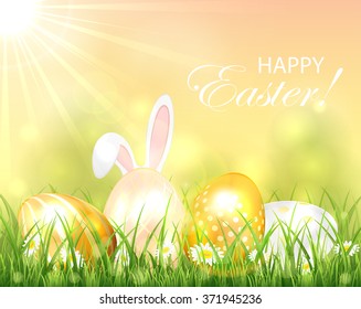 Easter background with golden eggs and rabbit ears in the grass, illustration.