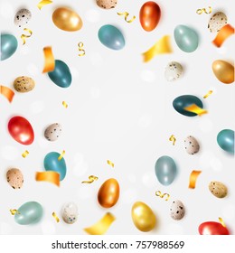 Easter background with golden, orange and blue glossy eggs. A set of realistic painted eggs of chicken and quail with space for text. View from above. Isolated on white background. Vector illustration