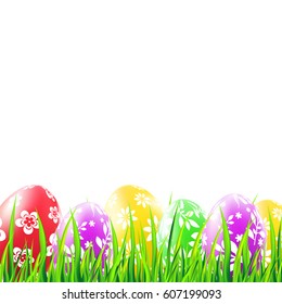 Easter background with grass and colorful eggs with pattern. Vector illustration.