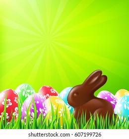 Easter background with grass, colorful eggs and chocolate rabbit. Vector illustration.