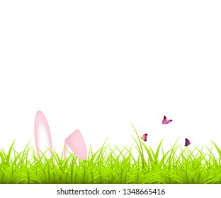 Easter Background. Green grass and Easter egg, and bunny, butterfly. Easter bunny ears in the grass. vector