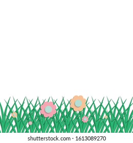 easter background, green grass and flowers illustration in papercut style. transparent background.eps