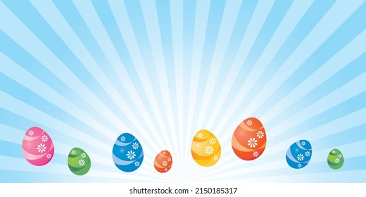 Easter background. Greeting card. Easter multicolored painted eggs on light blue rays background. Horizontal. Vector