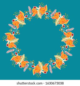 Easter background greeting card in turquoise color with a round frame, yellow and orange eggs, flowers, vector with place for text for design and decoration, banner, congratulation