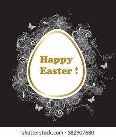 Easter background with greeting inscription and hand drawn flowers. Vector illustration.