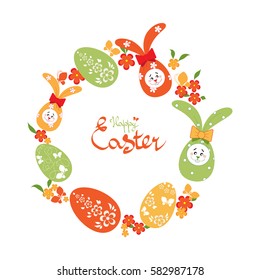 Easter background with greeting inscription and a wreath of Easter eggs, rabbits and flowers, vector illustration