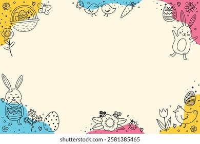 Easter background with hand drawn bunny, eggs and flowers. Colourful design in cartoon style. Vector illustration
