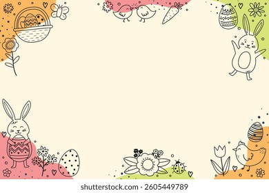 Easter background with hand drawn bunny, eggs and flowers. Colourful design in cartoon style. Vector illustration