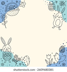 Easter background with hand drawn bunny, eggs and flowers. Colourful design in cartoon style. Vector illustration