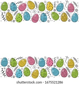 Easter background with hand drawn eggs and copyspace. Vector