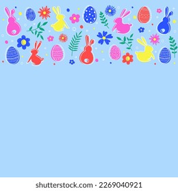 Easter background with hand drawn eggs, flowers and bunnies. Vector illustration
