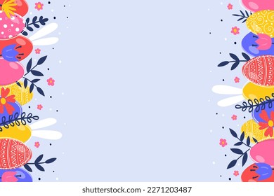 Easter background with hand drawn eggs, flowers and bunnies. Vector illustration