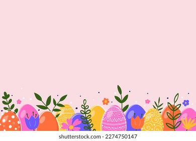 Easter background with hand drawn eggs and flowers. Vector illustration
