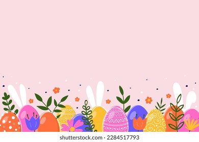 Easter background with hand drawn eggs, flowers and bunnies. Vector illustration