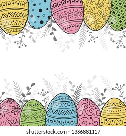 Easter background with hand drawn painted eggs. Vector