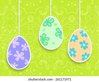 Easter background with hanging on the ropes patterned eggs