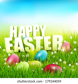 Easter background with "Happy Easter"  inscription in the grass 