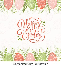 Easter background with Happy easter text. Decorative Ester borders from Easter eggs and floral elements. Easter eggs with ornaments in peach and grass colors.