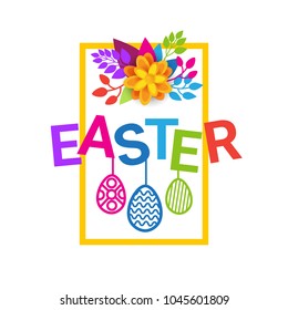 Easter Background Holiday Greeting Card Decoration Banner Design With Eggs And Flowers Vector Illustration