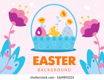 Easter background. Holiday illustration background. Easter basket with eggs. Easter basket. Flowers illustration