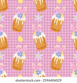 Easter Background. Holiday pastry with bunny ears, Easter eggs and flower on pink chequered background. Seamless pattern for textile, wrapping paper, postcards or covers.