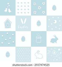 Easter Background. Holiday Seamless Pattern. Geometric Checkered Print with Easter Elements. Easter Bunnies, Eggs, Flowers, Birds, Text. Happy Easter design. Vector illustration in Blue, White