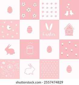 Easter Background. Holiday Seamless Pattern. Geometric Checkered Print with Easter Elements. Easter Bunnies, Eggs, Flowers, Birds, Text. Happy Easter design. Vector illustration in Pink, White