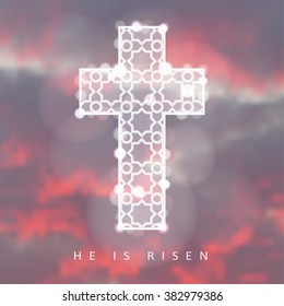 Easter background with illuminated ornamental cross and sunrise, christian concept, vector illustration