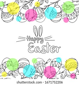 Fondo de Semana Santa con imágenes de hojas jóvenes, huevos con patrones y círculos de colores. Con la inscripción feliz Pascua. Adecuado para la decoración de banners y postales de vacaciones. El tema del spr