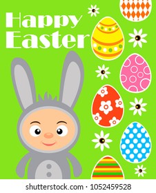 Easter background with kid in rabbit costume.Vector illustration