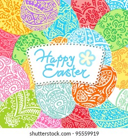 Easter background with lacy eggs and inscription. Vector illustration.