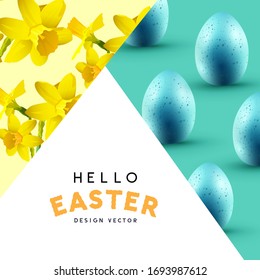 An Easter background layout abstract with daffodil flowers and chocolate eggs. Vector illustration.