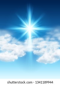 Easter background with light and cross of rays and light in sky with clouds. EPS contains transparency.