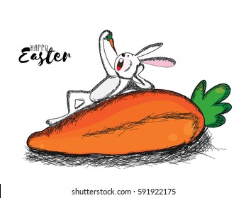 Easter background with little bunny resting on a big carrot.