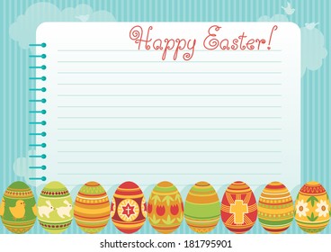 Easter background. Many easter eggs and page of   spiral exercise book on abstract background 