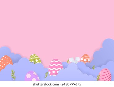 Easter background. Multicolor easter eggs on a cloud with grass, rabbit, and copy space. Paper art style.
