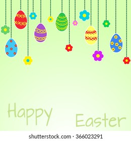 Easter background with multicolored eggs and flowers