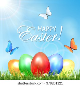 Easter background with multicolored eggs in the grass and flying butterflies, illustration.